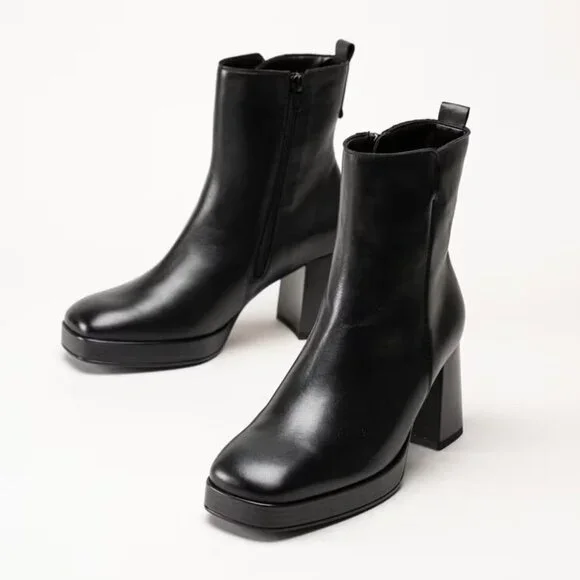 NEW GABOR Black Leather Platform Boots Block Heel Side Zipper Ankle - Size 5.5 - Picture 2 of 16